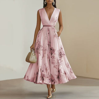 Robe longue sans manches à imprimé floral et col en V profond avec poches - Robe de plage fluide à ourlet volanté - LUXARAH