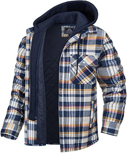 Manteau à capuche à carreaux pour homme, veste chaude d'hiver à boutons et fermeture éclair, mode décontractée, épaisse, rembourrée, manches longues, vêtements d'extérieur