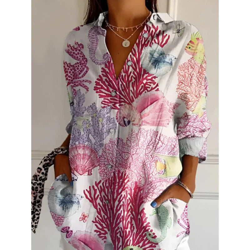 Chemise à manches longues à imprimé floral pour femme, haut boutonné décontracté - LUXARAH