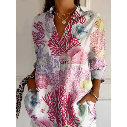 Chemise à manches longues à imprimé floral pour femme, haut boutonné décontracté - LUXARAH