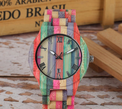 Montre couple en bois de bambou coloré sculpté