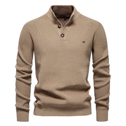 Pull tricoté à col montant et fermeture éclair pour homme, coupe slim, couleur unie, manches longues, demi-col roulé