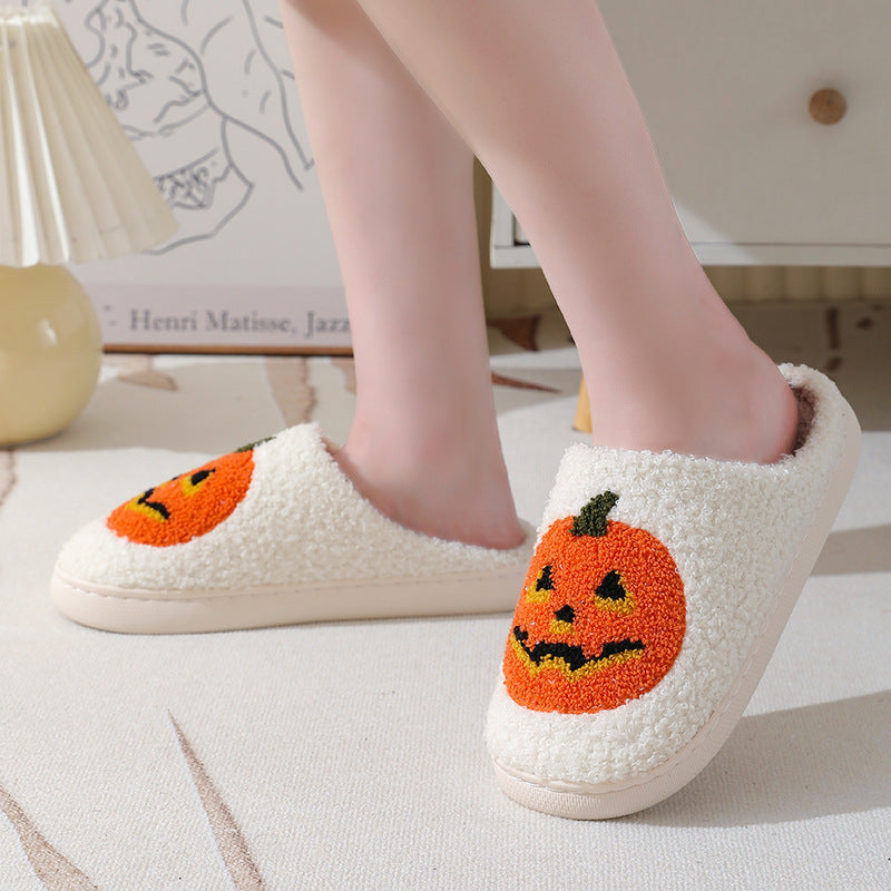 Chaussons d'hiver chauds à motif citrouille pour Halloween, chaussures d'intérieur pour hommes et femmes - LUXARAH