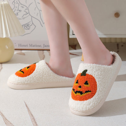 Chaussons d'hiver chauds à motif citrouille pour Halloween, chaussures d'intérieur pour hommes et femmes - LUXARAH