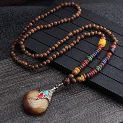 Colliers pour hommes et femmes, chaîne de pull rétro en perles de bois, pendentif Bodhi long - LUXARAH