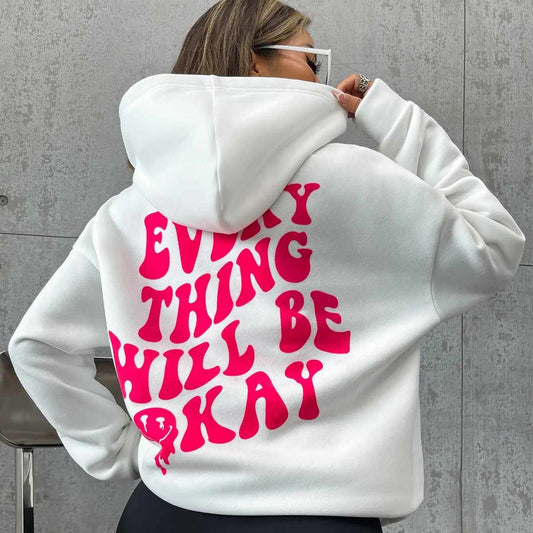 Sweat à capuche créatif avec lettres « Everything Will Be Okay » pour femme, décontracté, ample, chaud et confortable