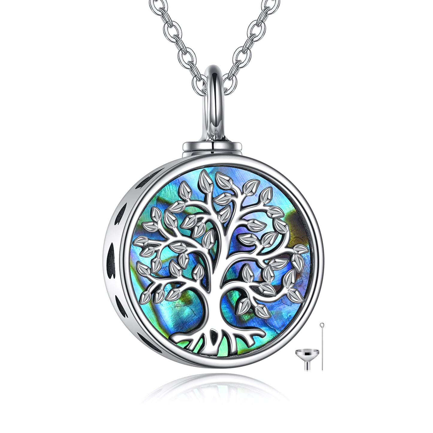 Collares de urna de cremación de plata con motivo del árbol de la vida para cenizas.