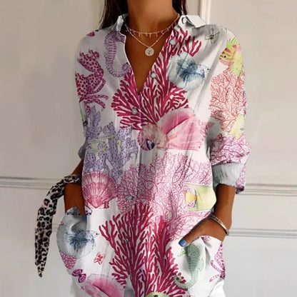 Chemise à manches longues à imprimé floral pour femme, haut boutonné décontracté - LUXARAH