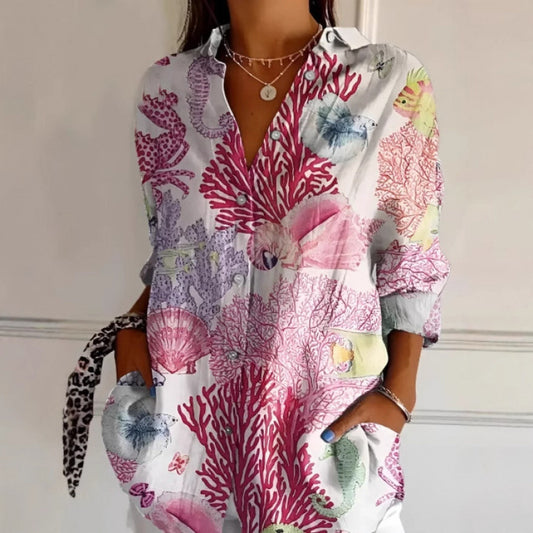 Chemise à manches longues à imprimé floral pour femme, haut boutonné décontracté - LUXARAH