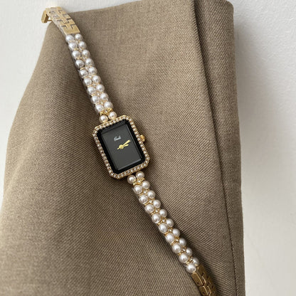 Montre à quartz tendance en argent, noir et carré, avec bracelet en perles - LUXARAH