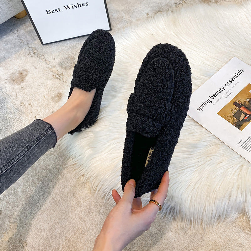 Mocassins plats en peluche pour femme, chaussures tendance et chaudes à pois, collection hiver
