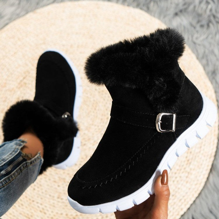 Nouvelles bottes de neige d'hiver, chaudes et épaisses, bottines en peluche de couleur unie avec boucle et chaussures plates en velours pour femmes - LUXARAH
