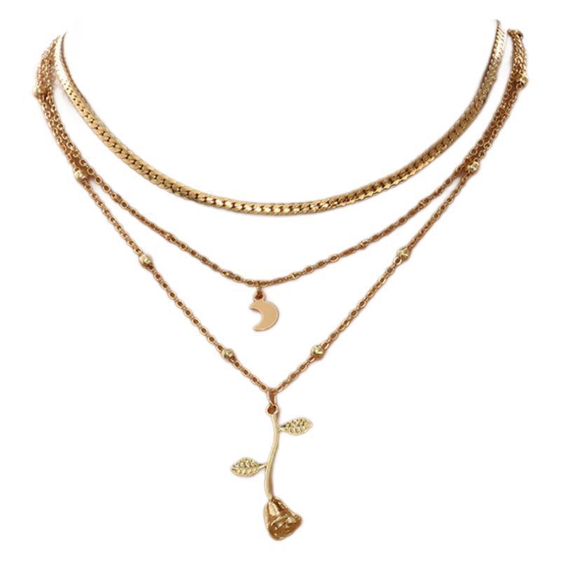 Colliers bohèmes multicouches avec pendentif lune doré pour femmes, collier ras du cou en forme de rose, bijoux tendance, cadeau de fête, Saint-Valentin