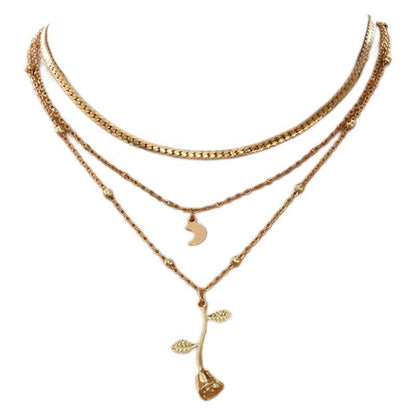 Colliers bohèmes multicouches avec pendentif lune doré pour femmes, collier ras du cou en forme de rose, bijoux tendance, cadeau de fête, Saint-Valentin