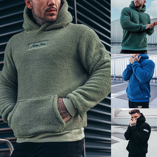 Sweat à capuche en peluche pour homme avec grande poche, tendance, manches longues, haut à capuche, vêtements solides