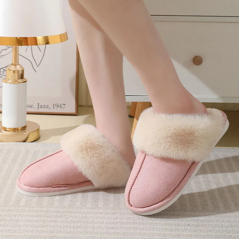 Chaussons d'hiver chauds en peluche pour femme, pantoufles d'intérieur en fourrure, chaussures en coton doublées douces, confortables et antidérapantes, pour chambre à coucher, pour couple - LUXARAH