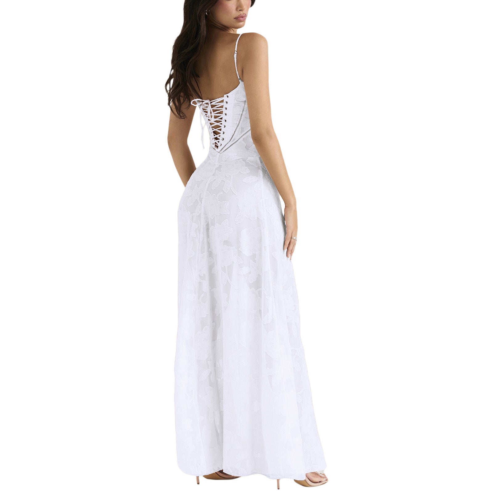 Robe longue en dentelle à bretelles tendance, col bustier, élégante, tenue de soirée - LUXARAH