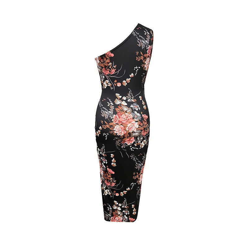 Robe moulante asymétrique, été 2025, froncée, fendue, motif floral, pour la plage, les cocktails, les mariages et les invités - LUXARAH