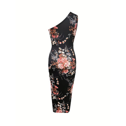 Robe moulante asymétrique, été 2025, froncée, fendue, motif floral, pour la plage, les cocktails, les mariages et les invités - LUXARAH