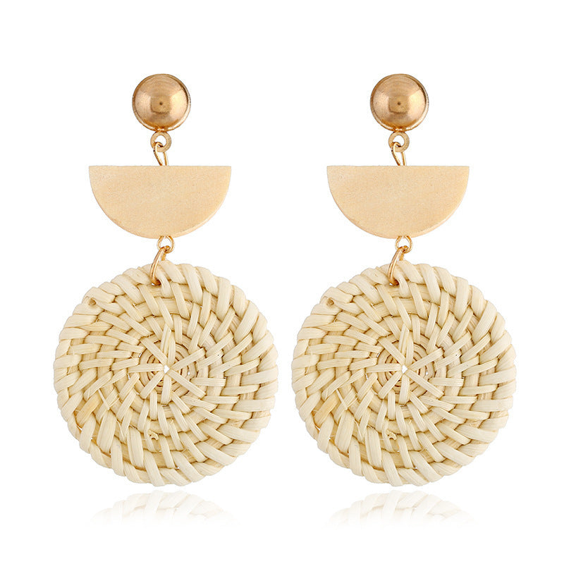 Boucles d'oreilles géométriques creuses en rotin, tissées à la main en bambou et rotin - LUXARAH