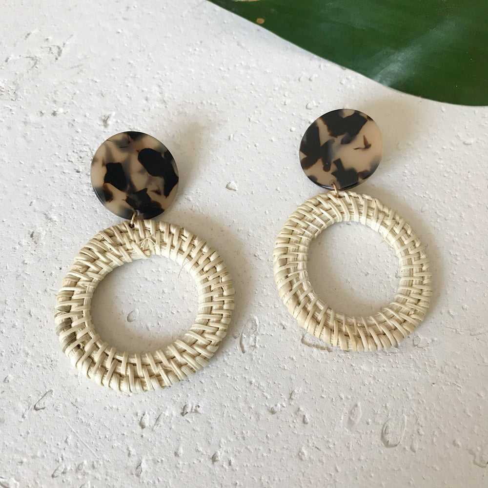 Boucles d'oreilles en résine et rotin importées, en bambou et rotin, faites à la main, motif léopard, boucles d'oreilles rondes géométriques - LUXARAH
