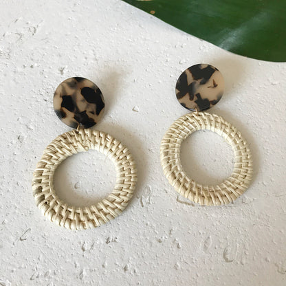 Boucles d'oreilles en résine et rotin importées, en bambou et rotin, faites à la main, motif léopard, boucles d'oreilles rondes géométriques - LUXARAH