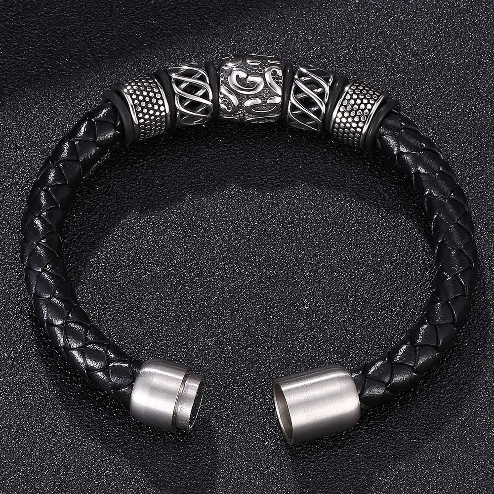Bracelet en cuir véritable et acier inoxydable tissé - LUXARAH