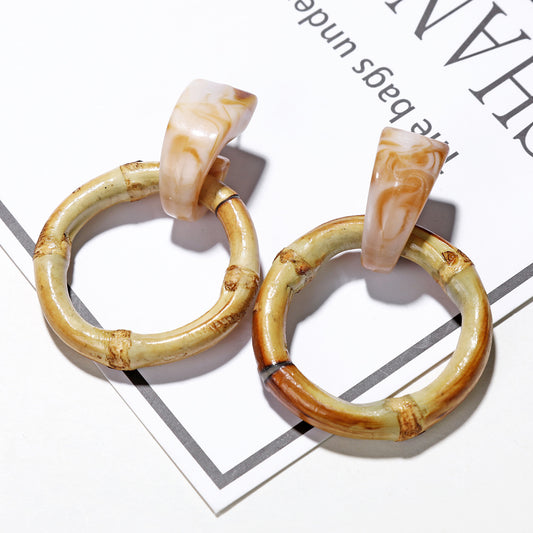 Boucles d'oreilles en bois et rotin géométriques multicouches - LUXARAH