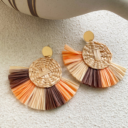 Boucles d'oreilles en raphia et rotin pour femme, nouvelles boucles d'oreilles rondes géométriques colorées en paille - LUXARAH