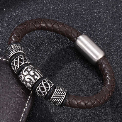 Bracelet en cuir véritable et acier inoxydable tissé - LUXARAH
