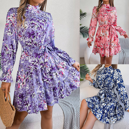 Robe trapèze à volants et manches longues, imprimé floral, col montant, taille contrôlée, printemps-automne - LUXARAH
