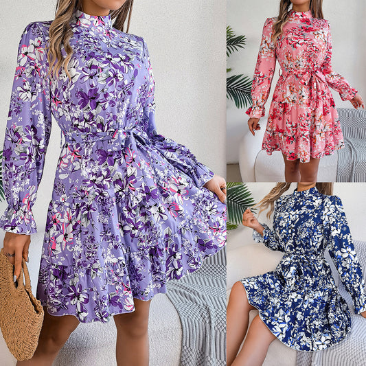 Robe trapèze à volants et manches longues, imprimé floral, col montant, taille contrôlée, printemps-automne - LUXARAH