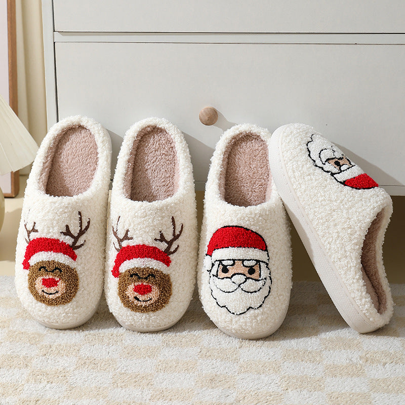 Chaussons de Noël mignons en coton avec motif Père Noël pour femmes et hommes, chaussures chaudes et en fourrure pour l'hiver - LUXARAH
