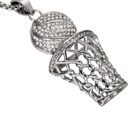 Colliers hip-hop avec pendentifs de basket-ball en strass, collier de sport en acier inoxydable pour hommes