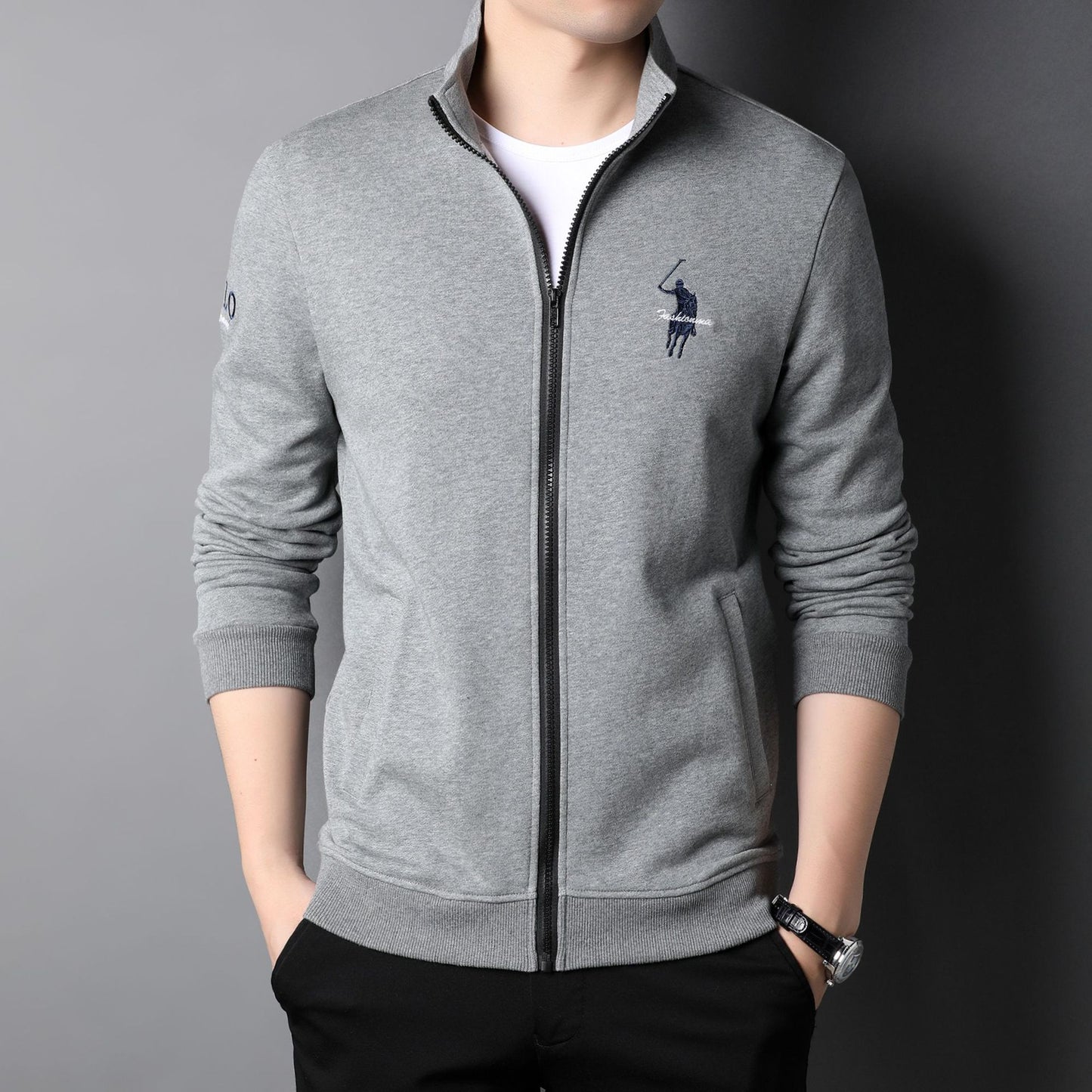 Veste zippée décontractée brodée en coton pour homme