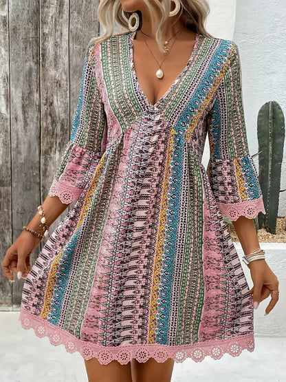 Robe imprimée style bohème à col en V, tenue de plage décontractée et ample - LUXARAH