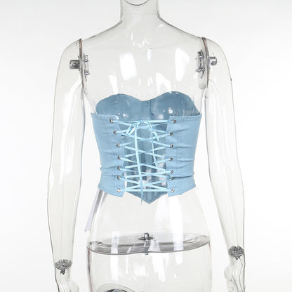 Débardeur tube en jean Y2K avec design noué dans le dos, débardeur corset court tendance pour femmes
