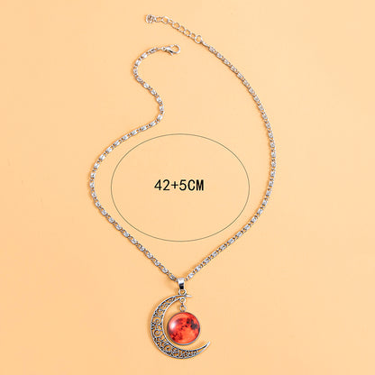 Vintage Luminous Necklace with Handmade Shiny Red Glass Moon Pendant for Women and Girls