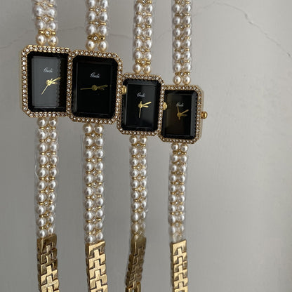 Montre à quartz tendance en argent, noir et carré, avec bracelet en perles - LUXARAH