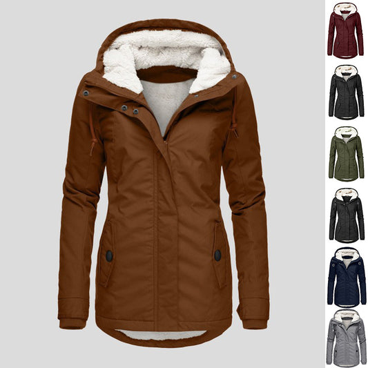 Veste d'hiver à capuche, couleur unie, chaude, fermeture éclair, polaire, avec poches, décontractée, pour femme