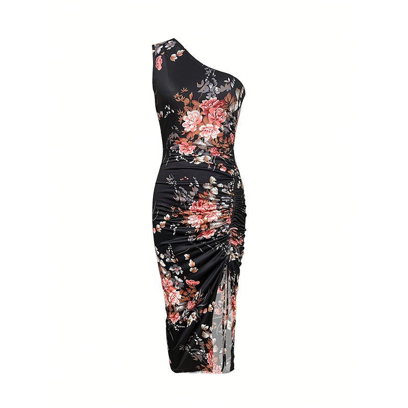 Robe moulante asymétrique, été 2025, froncée, fendue, motif floral, pour la plage, les cocktails, les mariages et les invités - LUXARAH