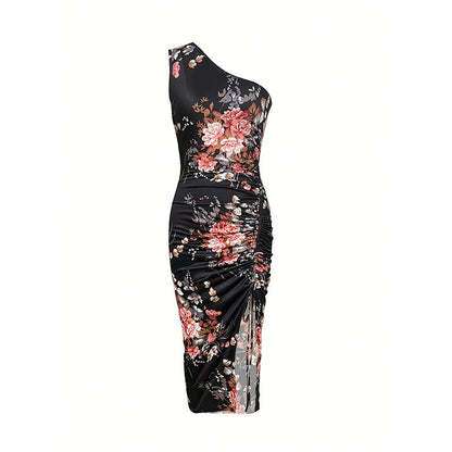 Robe moulante asymétrique, été 2025, froncée, fendue, motif floral, pour la plage, les cocktails, les mariages et les invités - LUXARAH