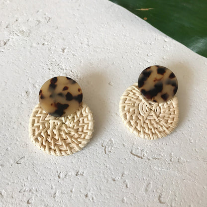 Boucles d'oreilles en résine et rotin importées, en bambou et rotin, faites à la main, motif léopard, boucles d'oreilles rondes géométriques - LUXARAH
