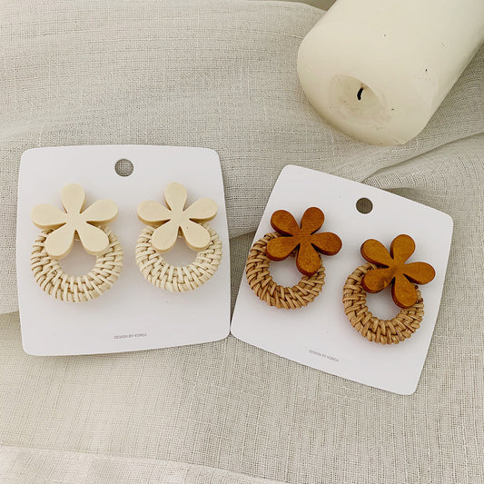 Boucles d'oreilles en rotin avec fleurs, boucles d'oreilles longues tissées au tempérament exagéré - LUXARAH