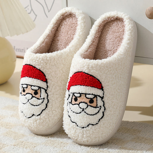 Chaussons de Noël mignons en coton avec motif Père Noël pour femmes et hommes, chaussures chaudes et en fourrure pour l'hiver - LUXARAH
