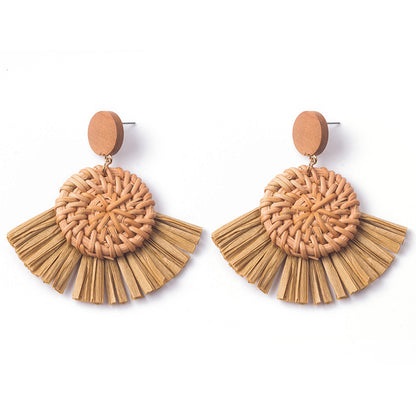 Boucles d'oreilles géométriques en raphia et rotin tissées à la main, style vintage pour femmes - LUXARAH