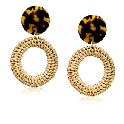 Boucles d'oreilles en résine et rotin importées, en bambou et rotin, faites à la main, motif léopard, boucles d'oreilles rondes géométriques - LUXARAH