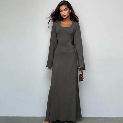 Robe tendance à col en U et lacets dans le dos, manches longues cloche - LUXARAH