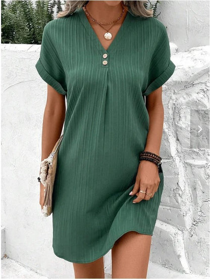 Robe décontractée à manches courtes et col en V pour femme, couleur unie, boutons