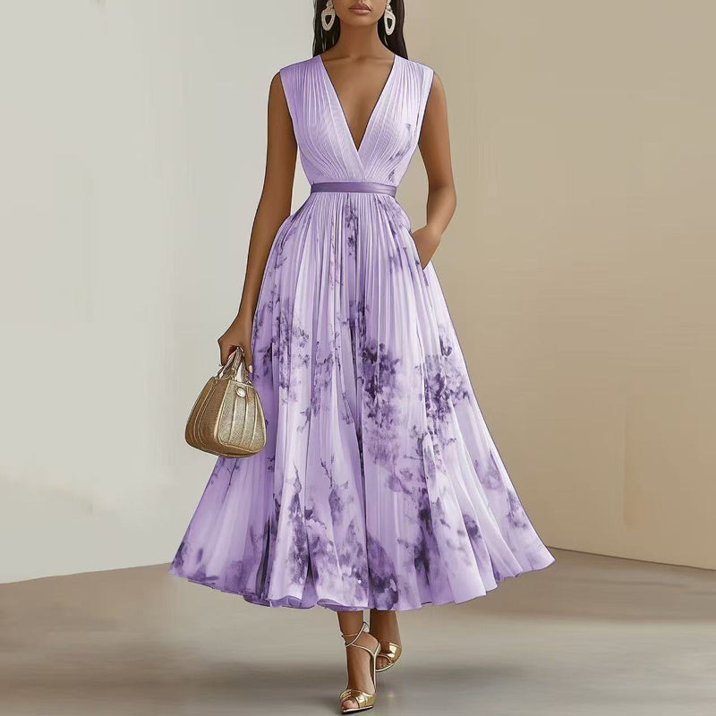 Robe longue sans manches à imprimé floral et col en V profond avec poches - Robe de plage fluide à ourlet volanté - LUXARAH